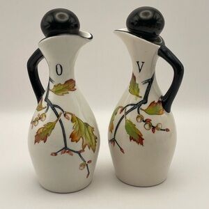 Vintage, Japan, Ceramic Oil & Vinegar Cruets, Black & Cork Stoppers, 5.25” Tall